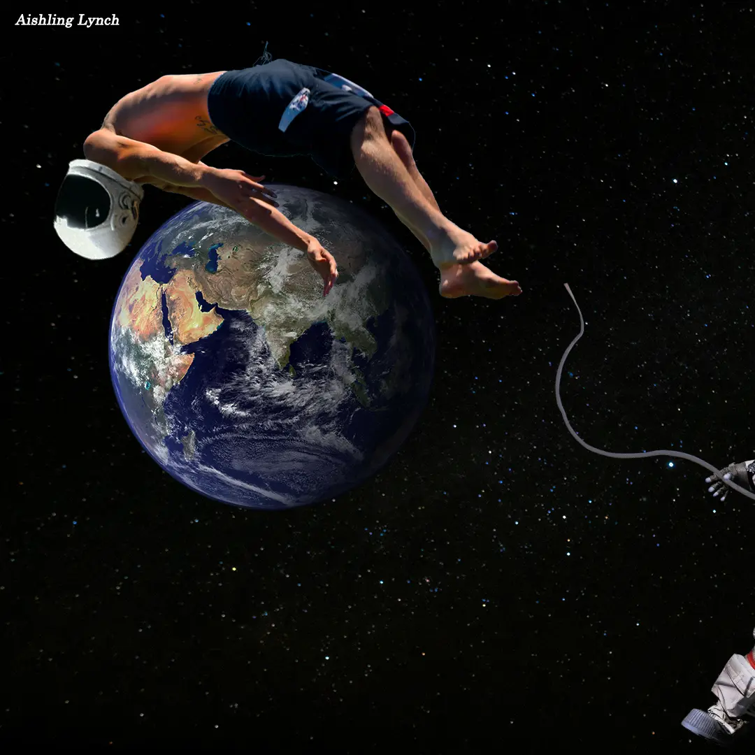 A man in an astronaut helmet floating away through space